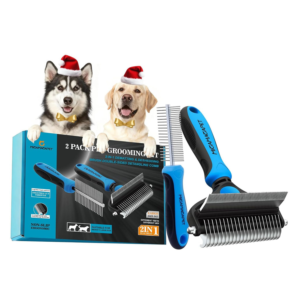 Dog Brush for Shedding, Deshedding Dog Brush for Long Haired Dogs, Cat Grooming Set 2 in 1 Undercoat Rake with Flea Comb-Large