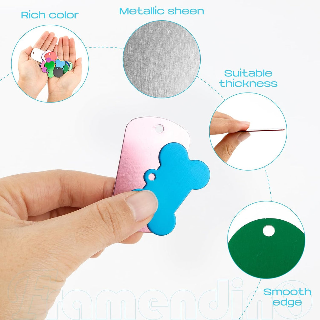 Framendino, 60 Pack Pet ID Tag Colorful Blank Double Sided Aluminum Charms for Dog Cat DIY Crafts Jewelry Making 10 Colors 3 Different Shapes