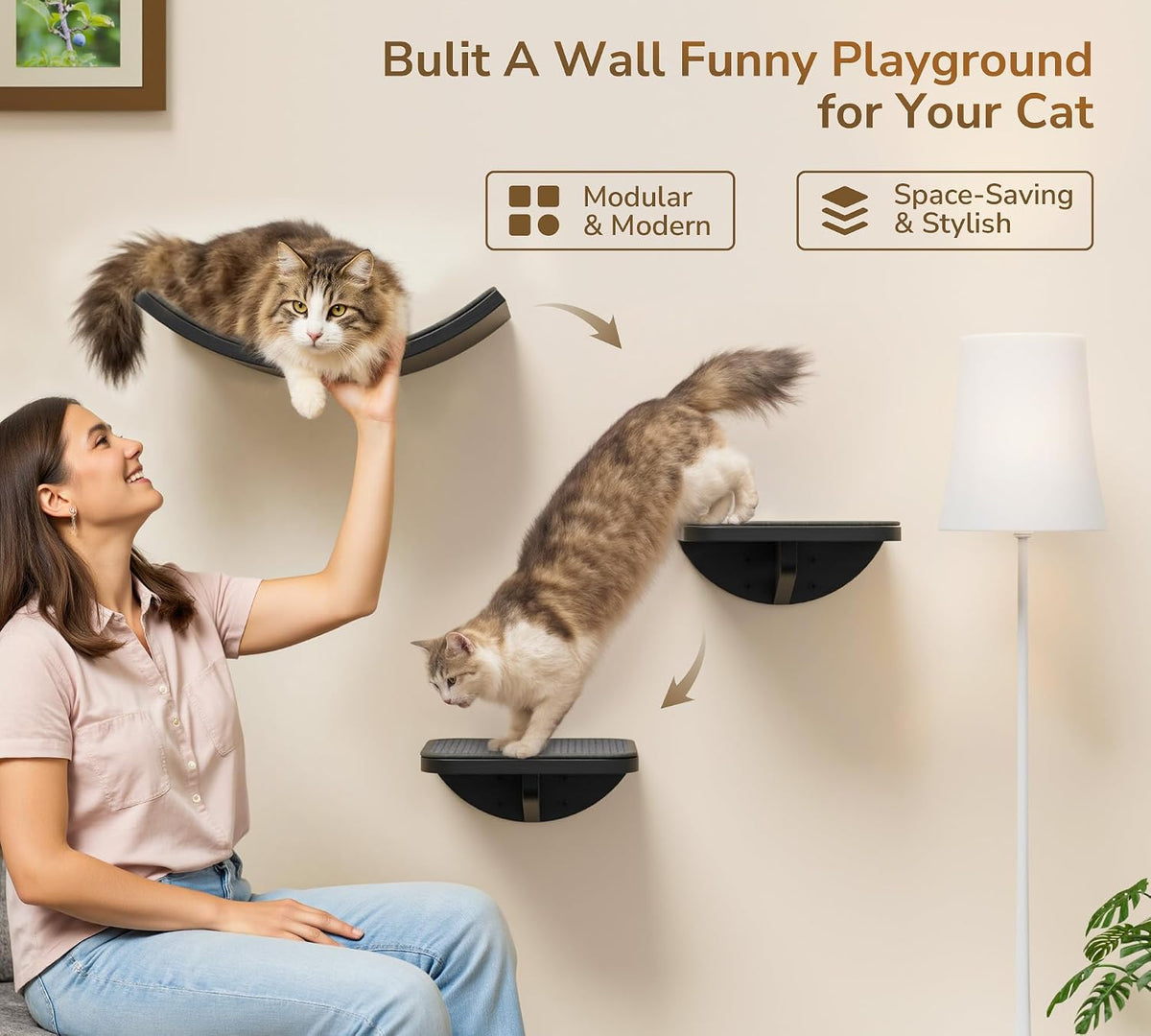 Grey Sisal-Padded Cat Wall Steps (2-Pack), Floating Wooden Cat Perch and Climbing Step Set, Wall Mounted Furniture for Jumping & Play