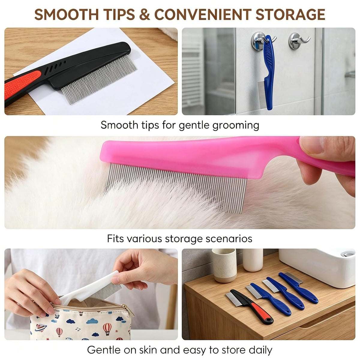 4 Pcs Detangling Pet Comb with Non-Slip Handle