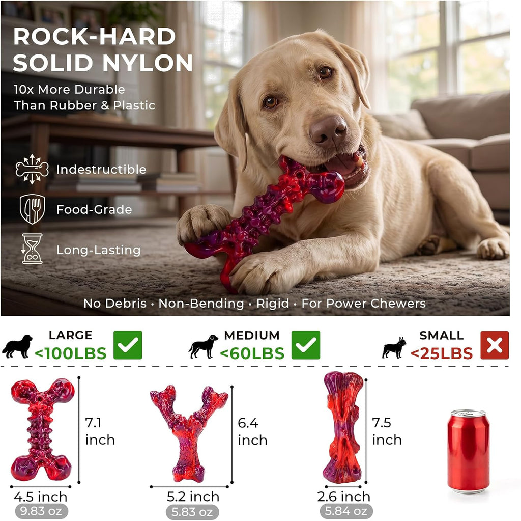 Kseroo 3-Pack Beef Flavored Dog Chew Toys for Aggressive Chewers, Red-XL | Indestructible, Heavy Duty, Rock-Hard Solid Nylon Bones for Medium/Large Dogs 25-100lbs, Tough, Long-Lasting, Keep Them Busy