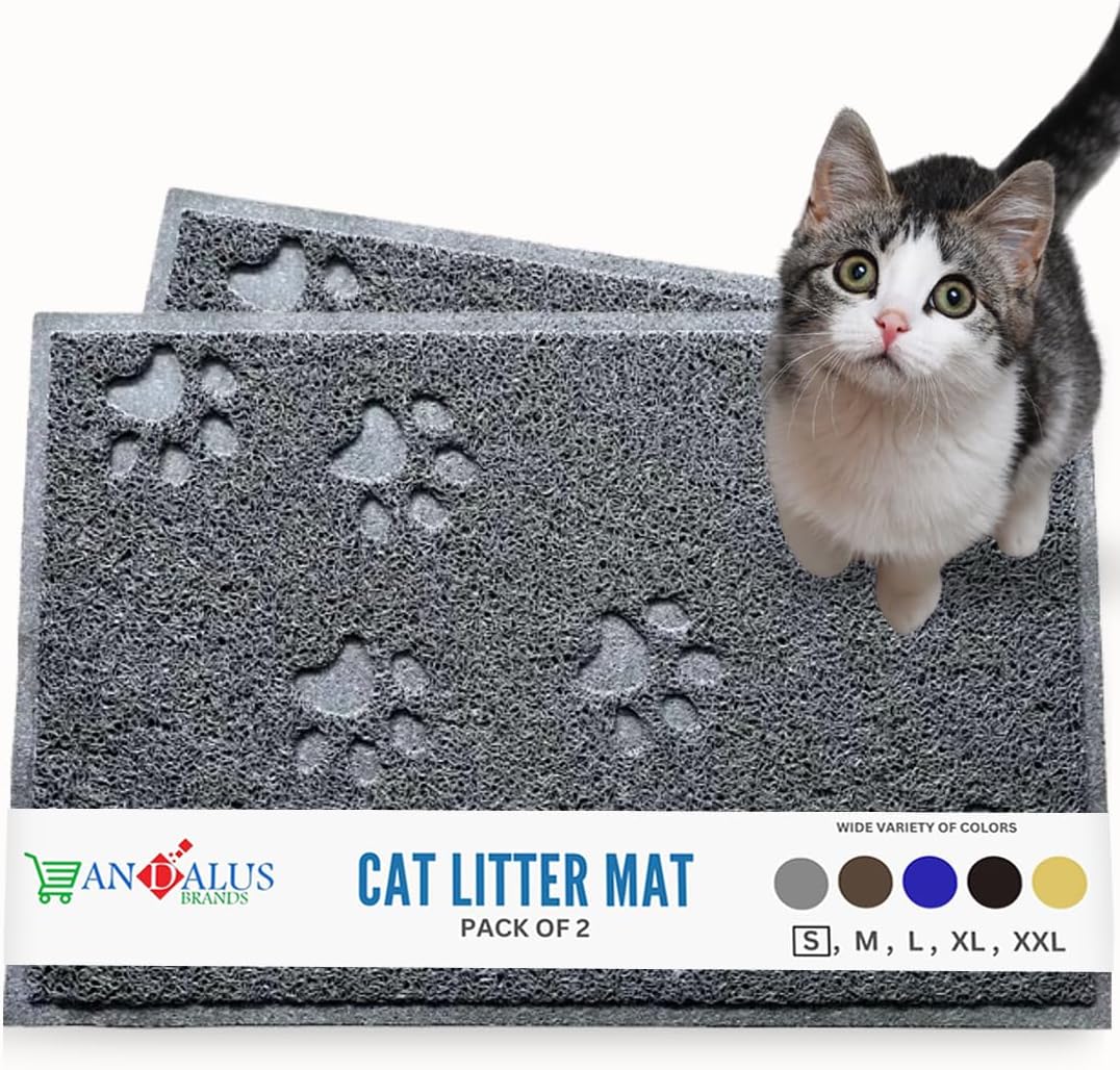 Andalus Small Cat Litter Mat, Pack of 2 - Waterproof, Non-Slip & Easy to Clean Cat Litter Box Mat for Extra Efficient Pet Litter-Trapping, Grey (15.75” X 11.75”)