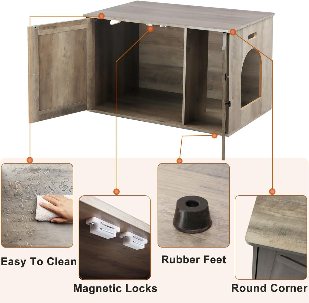 Timberer Cat Litter Box Enclosure, Hidden Litter Box Furniture with Divider | Wooden Cat Washroom Furniture, Indoor Cat House, Dog-Proof, Fits Most of Litter Box, Grey
