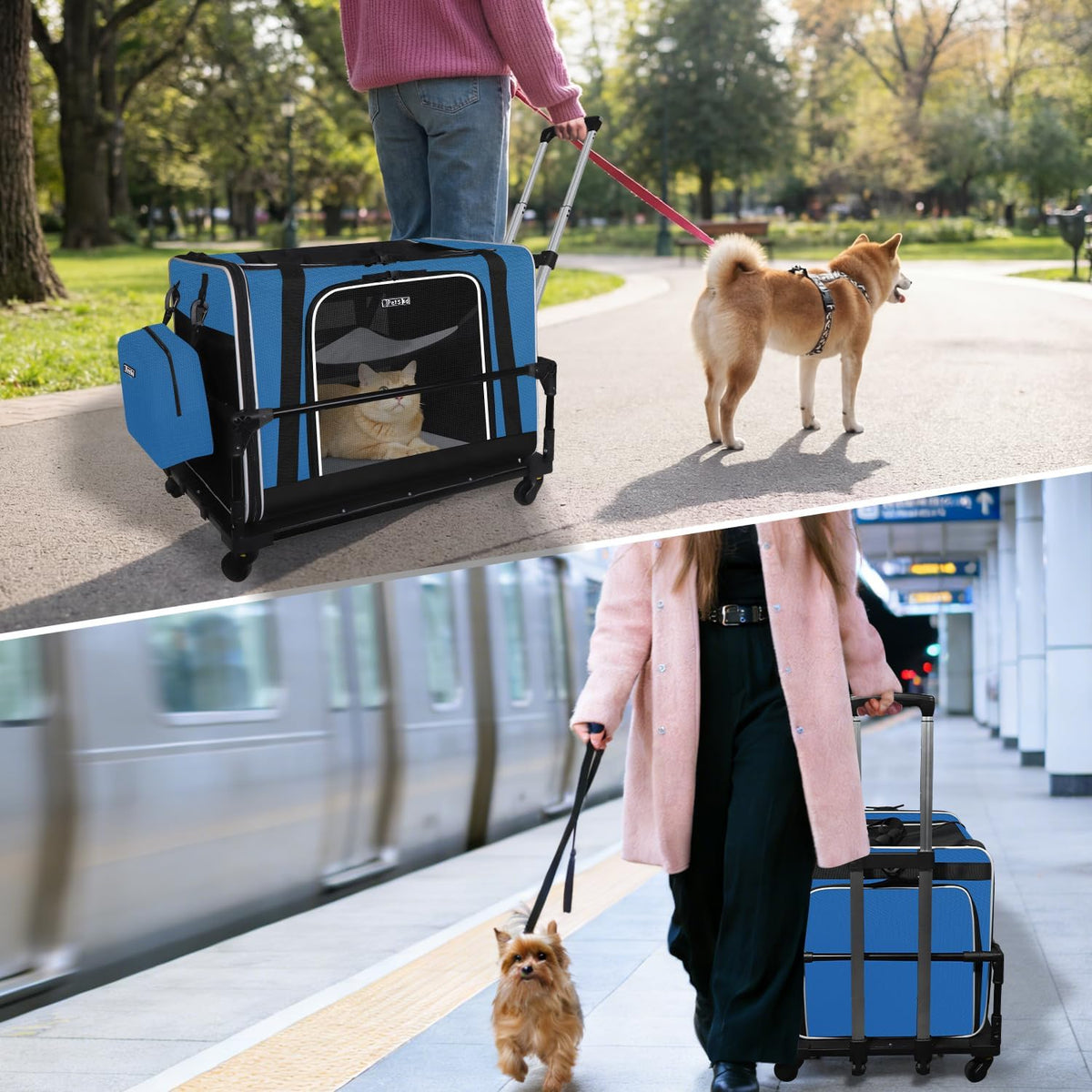 Petskd Side Expandable Extra Large Cat Carrier with Litter Box and Wheels