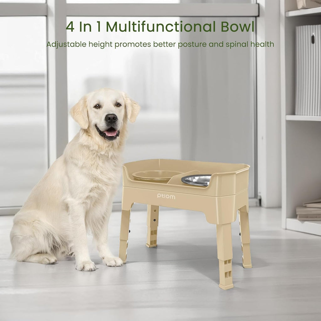 4-in-1 Elevated Slow Feeder Dog Bowls, 4 Height Adjustable Mess Proof Raised Dog Bowl Stand with Licking Plate, 2 Stainless Steel Dog Food Bowl & Slow Feeder for Large Dogs Pets, Beige