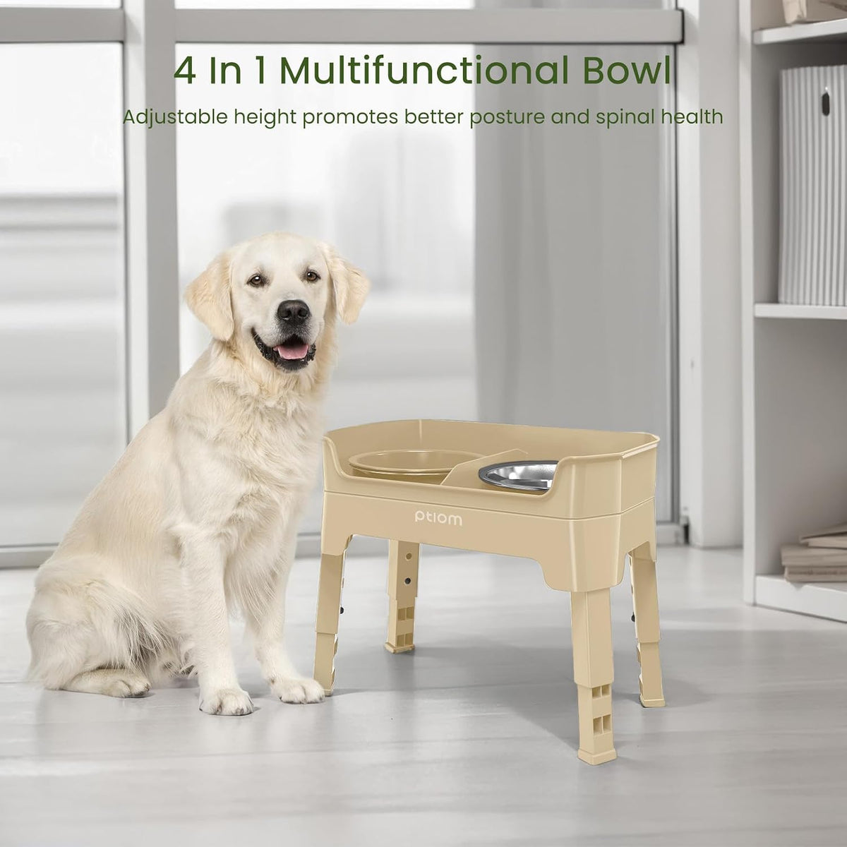 4-in-1 Elevated Slow Feeder Dog Bowls, 4 Height Adjustable Mess Proof Raised Dog Bowl Stand with Licking Plate, 2 Stainless Steel Dog Food Bowl & Slow Feeder for Large Dogs Pets, Beige