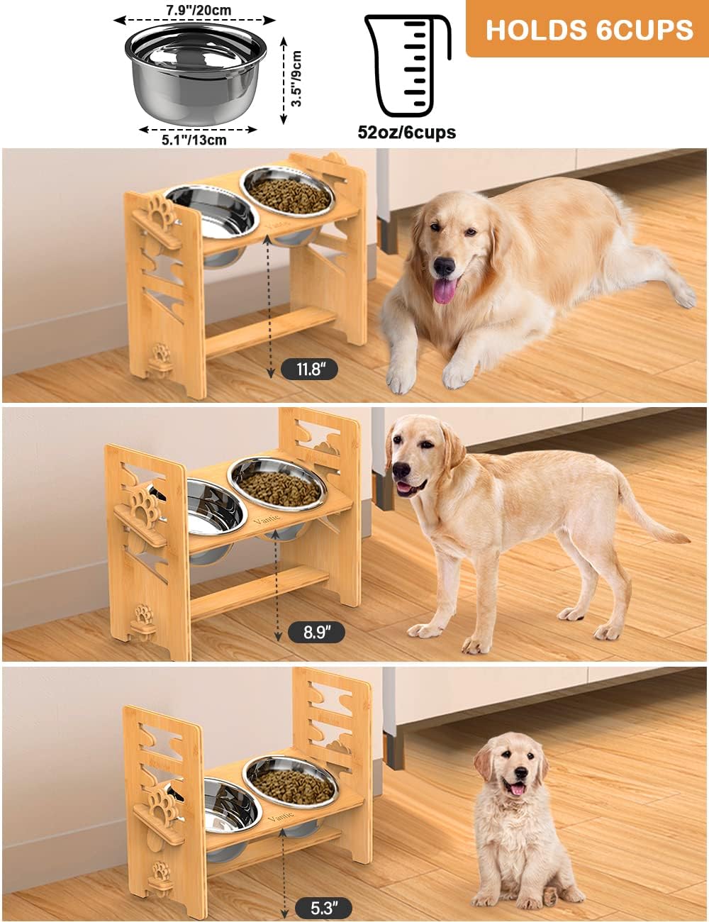 Elevated Dog Bowls, Adjustable Bowl Stand Large/XLarge, Natural | Bamboo Elevated Feeder with 2 Stainless Steel Bowls, Adjustable Height Stand for Large and Extra-Large Dogs 