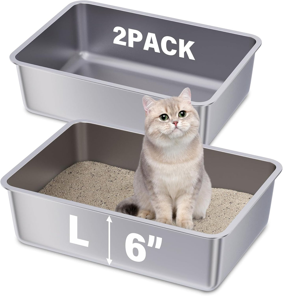 Stainless Steel Litter Box, Large Metal Litter Box 2 Pack | 19.7"x13.7"x6" Cat Litter Box Easy to Clean, Non Stick Litterbox No Smell for Adult Cats