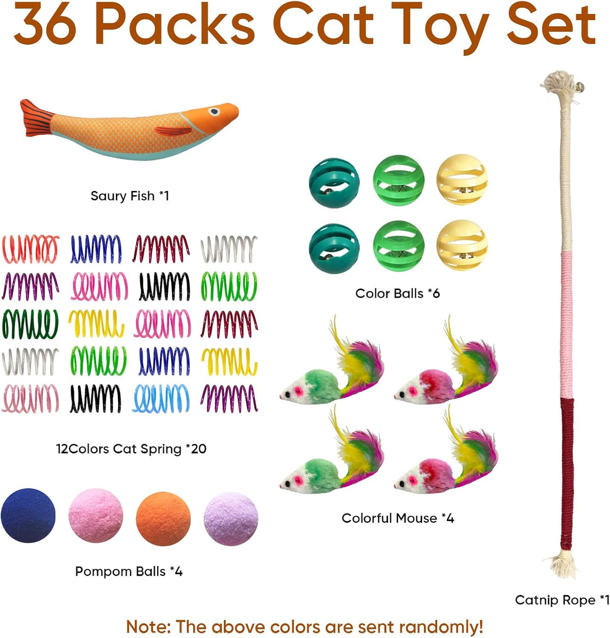 Cat Toys for Indoor Cats, 36 Pack Interactive Cat Toy Set | Kitten Toys Variety Pack with Plush Fish, Chew Ropes, 12Colors Spring, Mouse & Ball, Ideal for Boredom Relief and Self Play