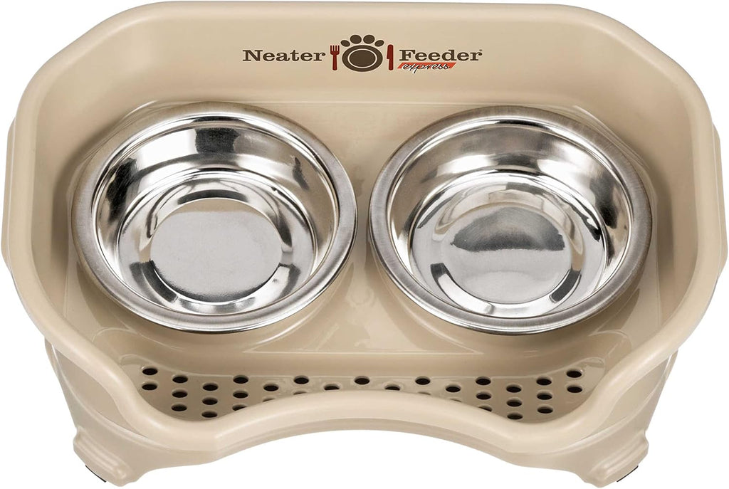 Neater Feeder Express Mess Proof Cat Bowls Elevated, No Spill Feeding Station, Stainless Steel Dishes for Food and Water, Raised Bowls for Indoor Cats, No Fatigue Whisker Friendly Dish, Almond 