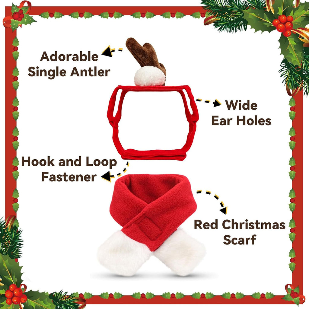 NAMSAN Pet Reindeer Costume for Cats Small Dogs Rabbits, Christmas Cat Single Antler Headband with Red Scarf, Small Dog Max Santa Antler Outfit for Christmas New Year Party Cosplay Statue Decoration