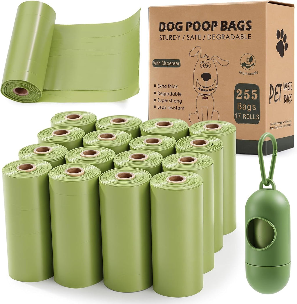 Poop Bags for Dogs 255 Counts with Dispenser and Leash Clip, Leak Proof | Unscented Thick Tear-Resistant Plastic Effectively Blocks Odors, Easy-Tear Rolls, for Dog Walks and Cat Litter