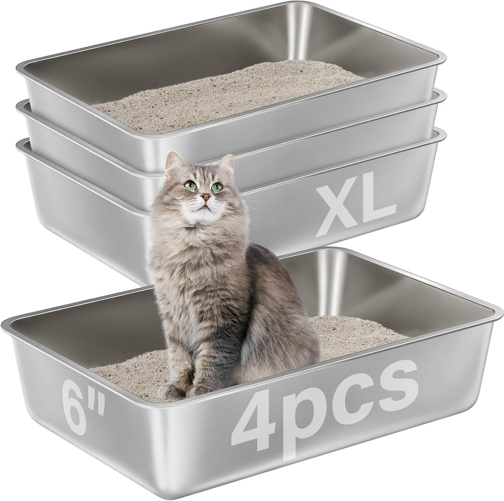 XL Stainless Steel Litter Box for Adult Big Cats,Metal Litter Box | 4 Pack,Adult Cats,Steel Cat Litter Pan, Cat LitterBox 6"High Sided -Pet Toilet Easy to Clean,No Smell