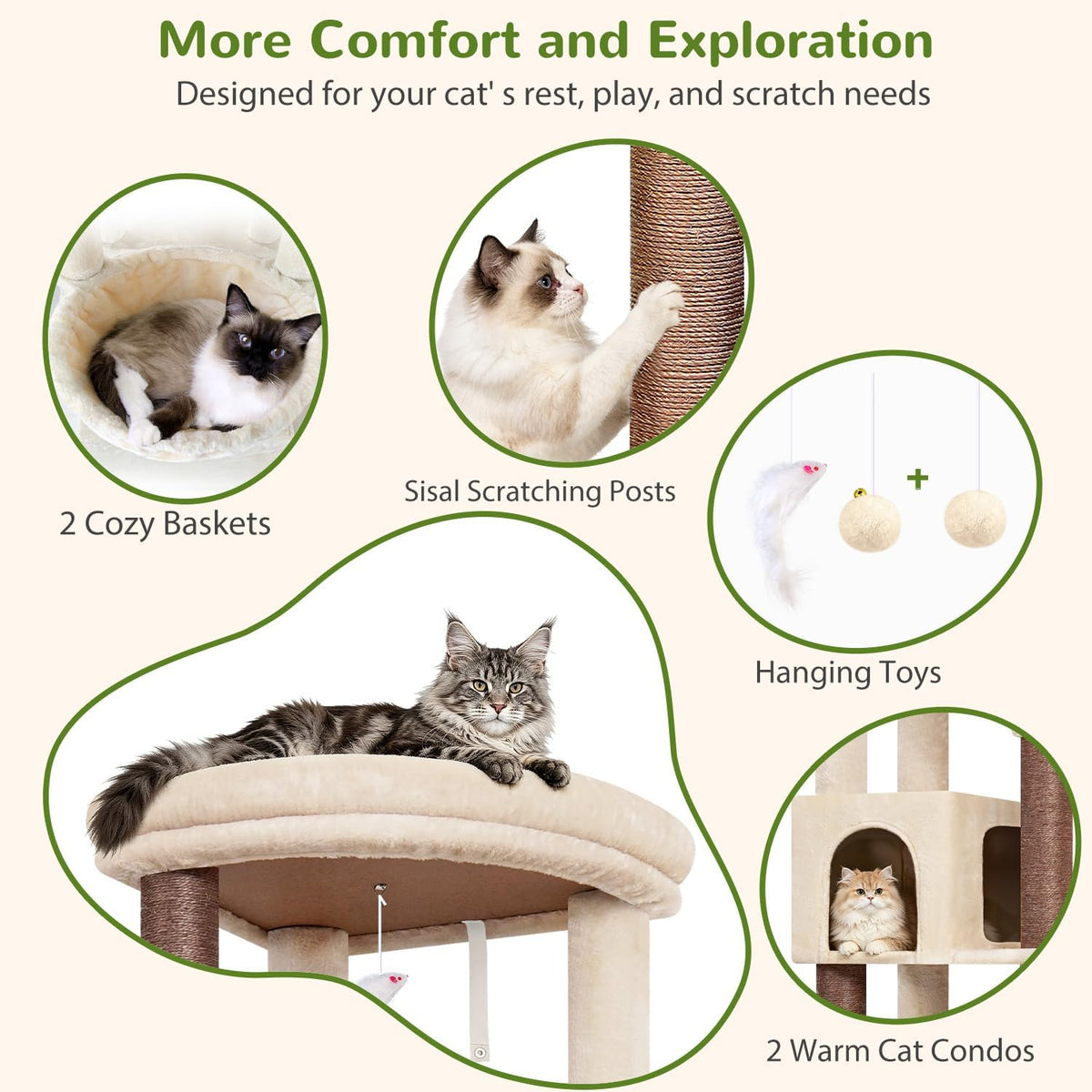 Globlazer C64 Heavy Duty Corner Cat Tree, 64in Large Cat Tower, Beige