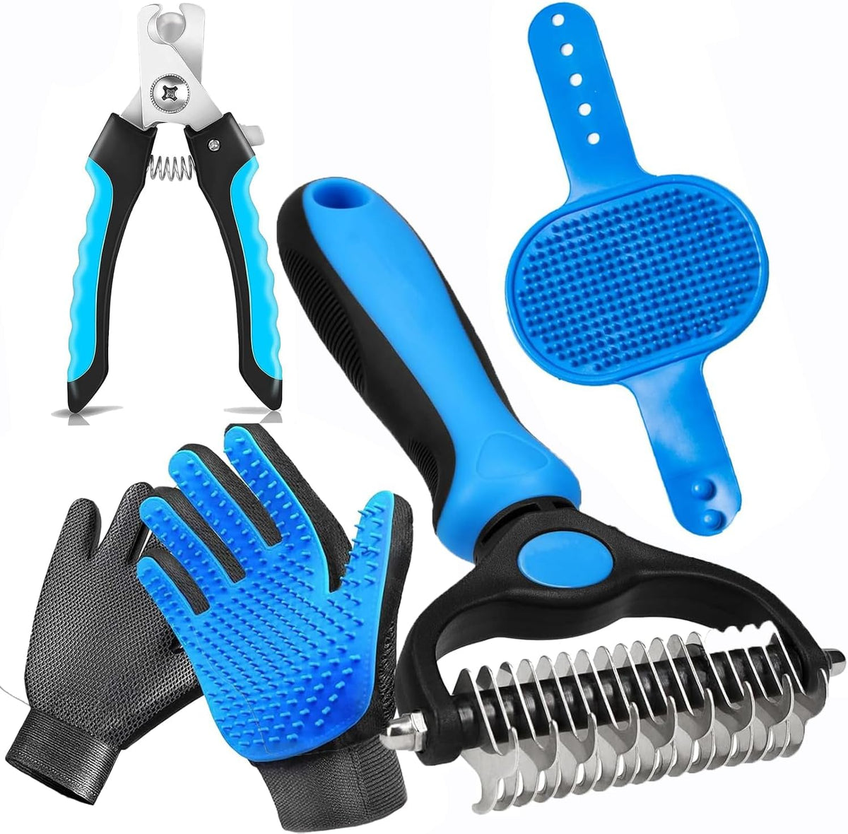 NVNAN 5-in-1 Pet Grooming Kit with Deshedding Rake | Includes nail clipper, grooming gloves, massage brush, and tools for brushing, bathing, and removing loose pet hair