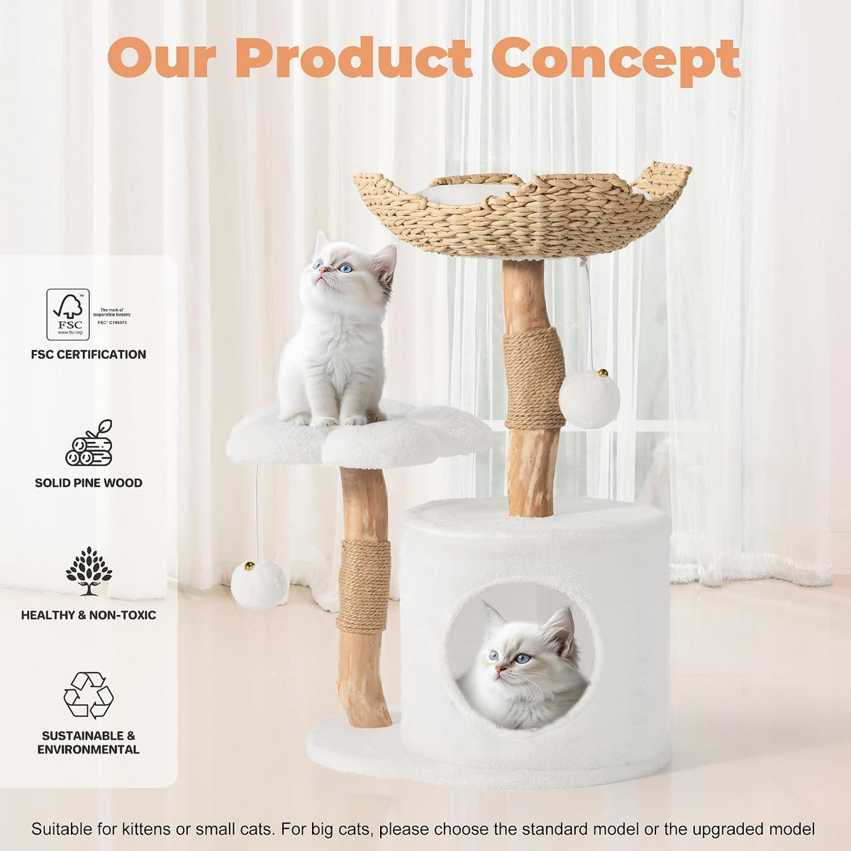 Easyego Modern Cat Tree, 26.3" Aesthetic Wood Cat Tree Tower for Small Cats