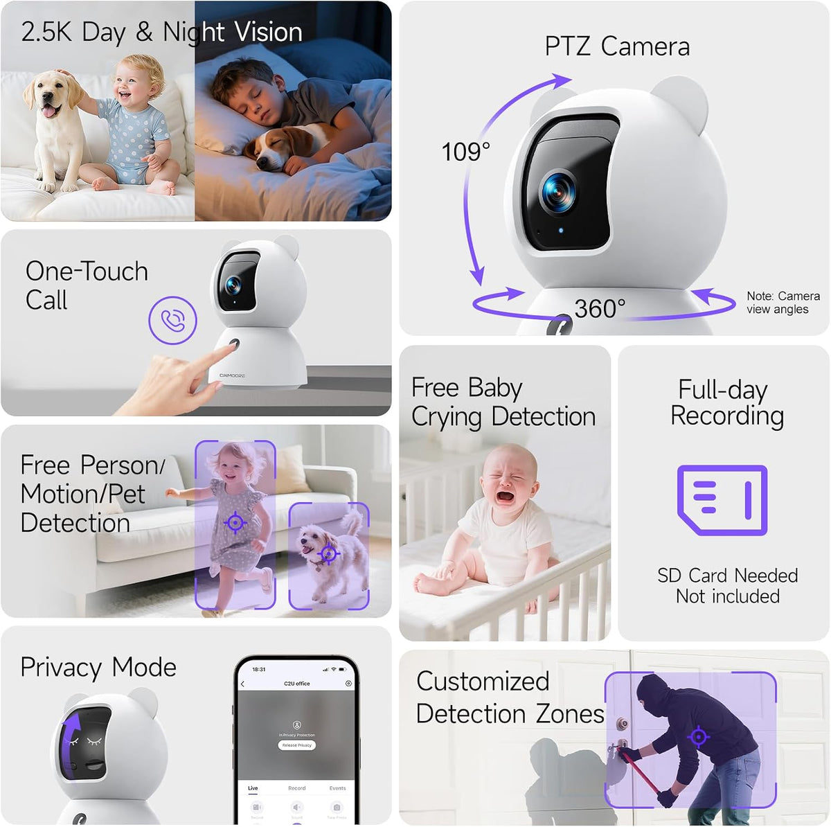 2.5K Indoor Camera 2pack, Free AI Person/Pet/Cry Detection, 4MP Pet/Dog/Cat/Baby Camera w/Phone App, Cameras for Home Security, Pan Tilt 2.4GHz WiFi, Night Vision, Full Duplex 2-Way Audio
