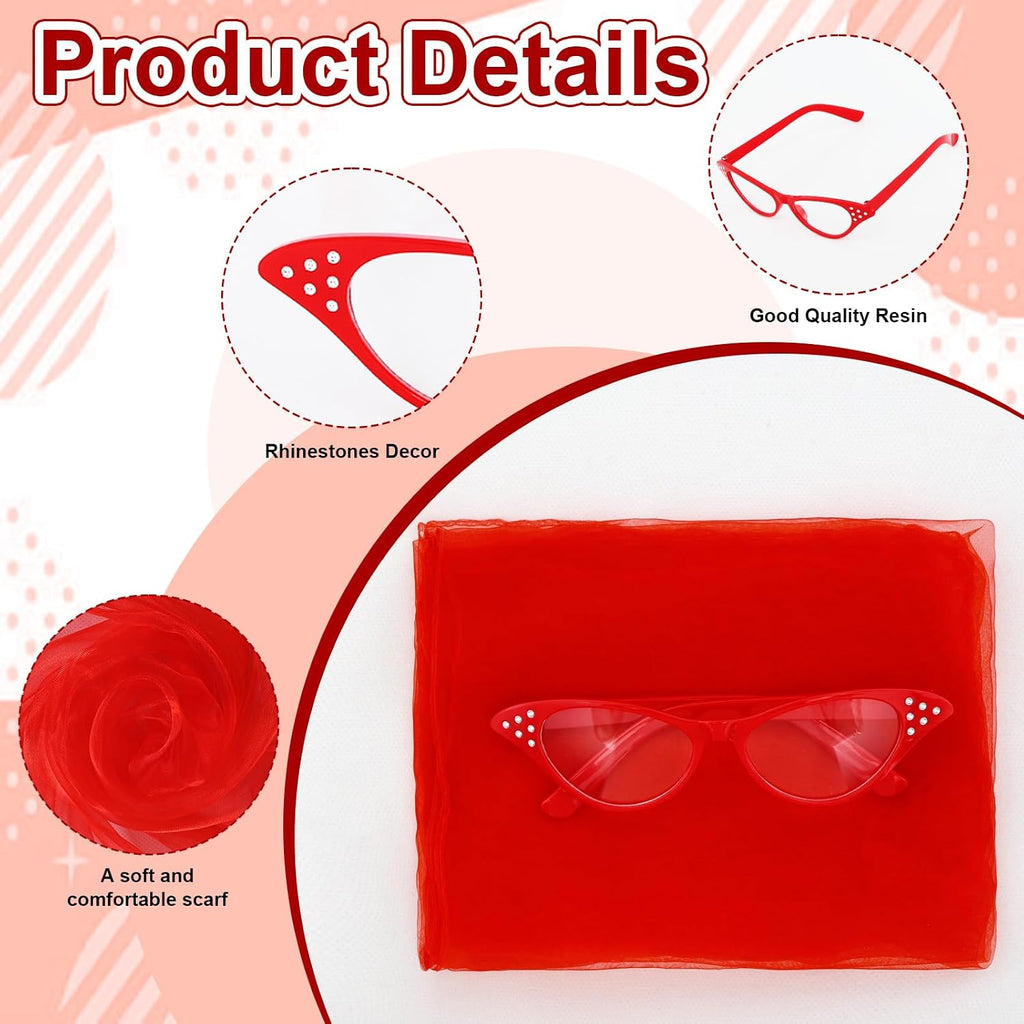 50s Set 50's Costume Accessories Chiffon Scarf Cat Eye Glasses Bandana Tie Headband Earrings for Cosplay Party