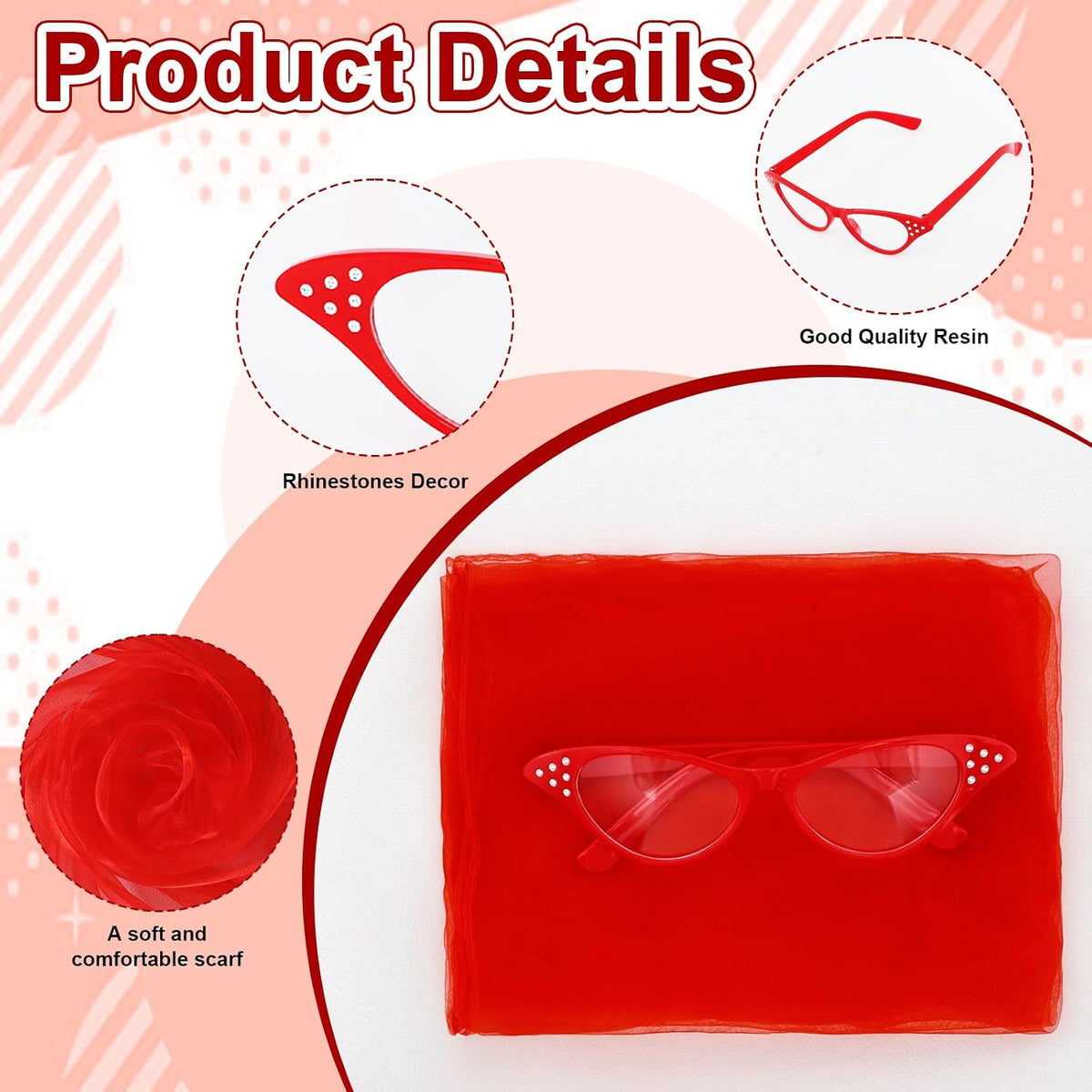 50s Set 50's Costume Accessories Chiffon Scarf Cat Eye Glasses Bandana Tie Headband Earrings for Cosplay Party