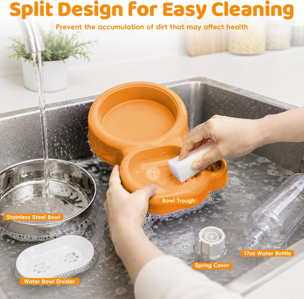 2-in-1 Dog Cat Bowl, Cat Food and Water Bowl Set, Orange