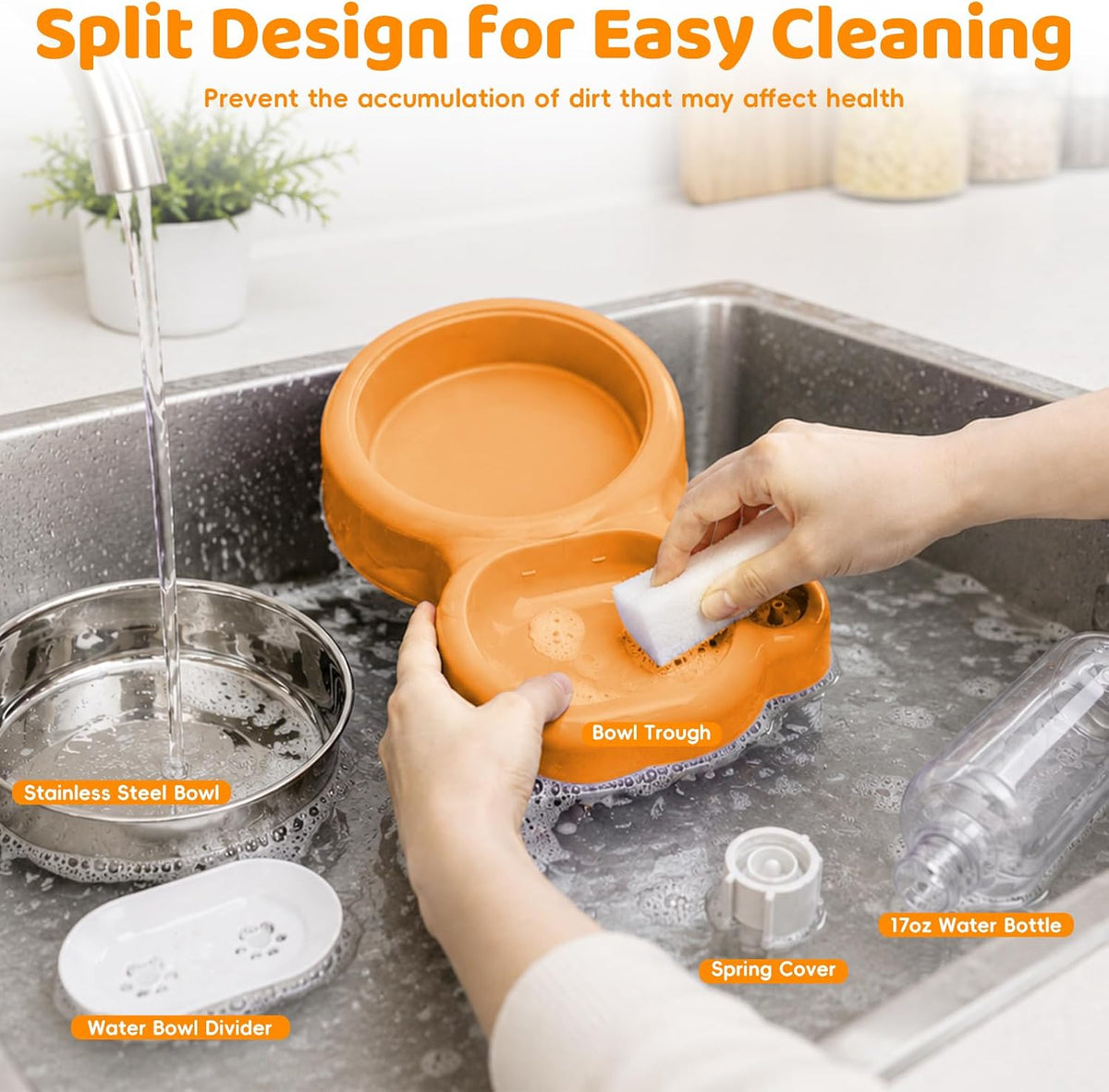 2-in-1 Dog Cat Bowl, Cat Food and Water Bowl Set, Orange