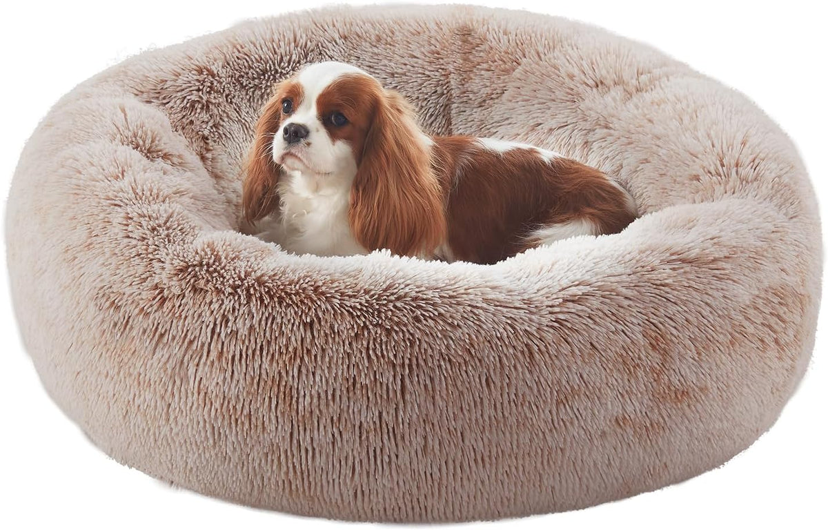 30 inches Faux Fur Fluffy Donut Dog Bed for Medium Dogs,Brown