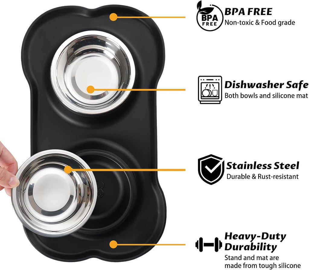 Hubulk Pet Dog Bowls 2 Stainless Steel Dog Bowl with No Spill Non-Skid Silicone Mat + Pet Food Scoop Water and Food Feeder Bowls for Feeding Small Medium Large Dogs Cats Puppies (Extra Large, Black) 