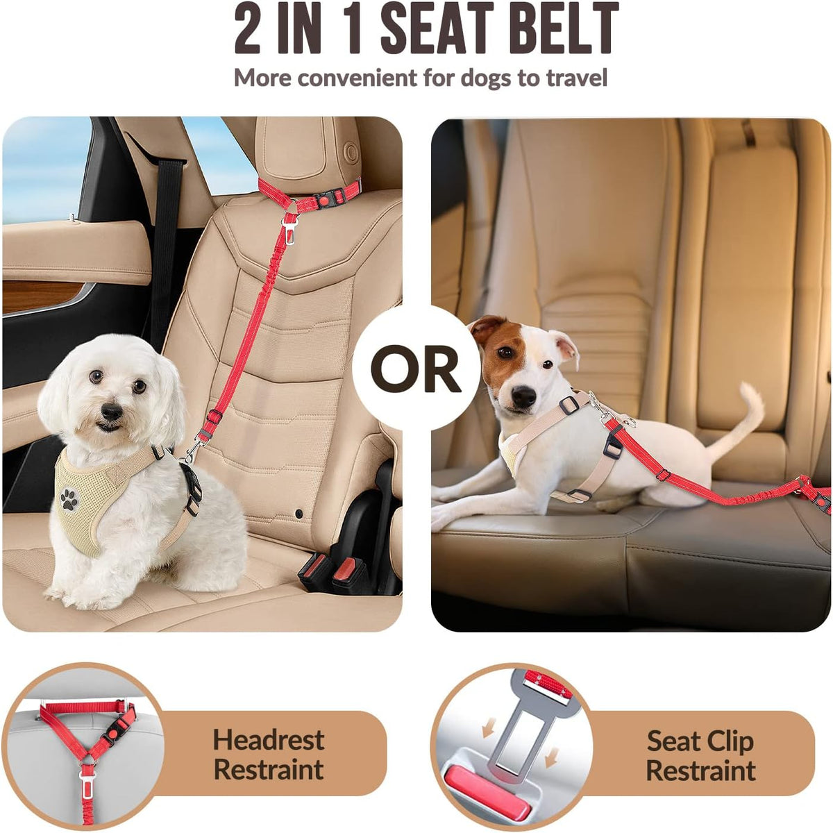 SlowTon Dog Seat Belt for Car, 2 Pack Dog Car Harness Seatbelt with Bungee