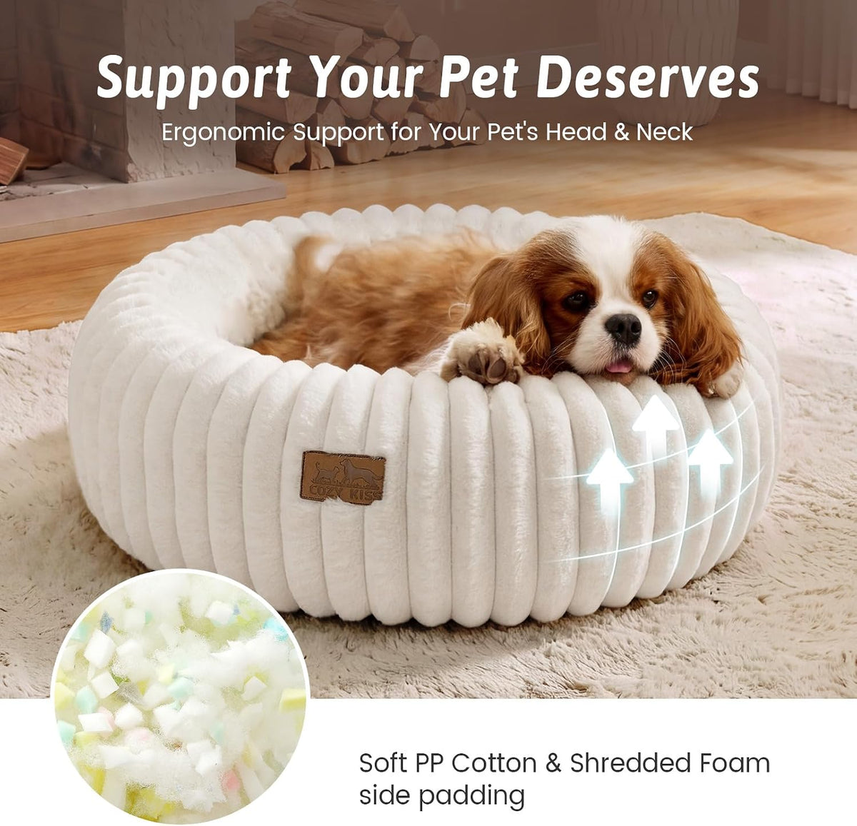 COZY KISS Calming Large Cat Bed, Donut Medium Dog Bed, 26in Cream
