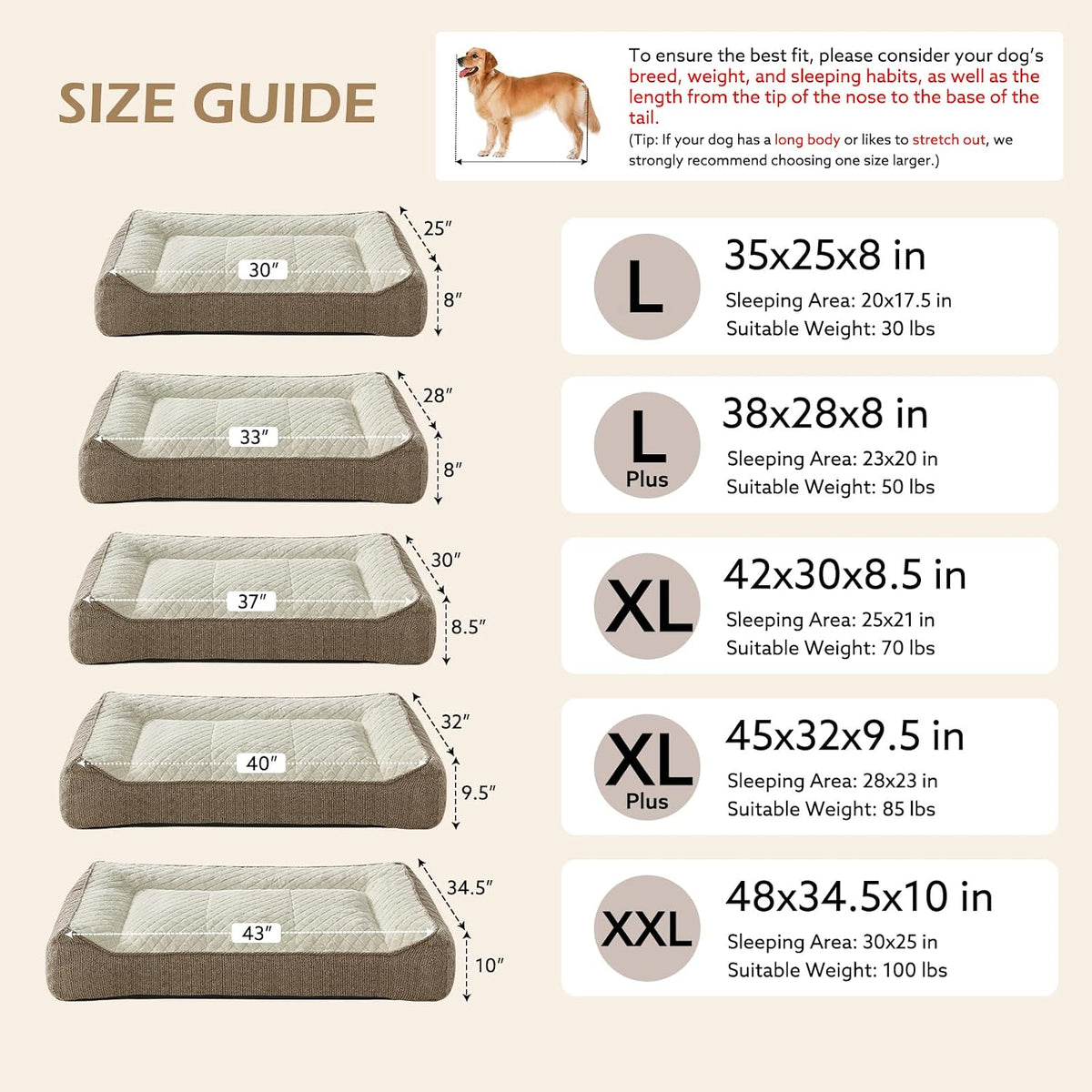 JOEJOY XL Orthopedic Dog Beds Large Sized Dog, Extra Thick Supportive Big Dogs Couch Bed with Sides, Ultra Soft Pet Bed Sofa for Large Dogs, Beige, 38''x28''