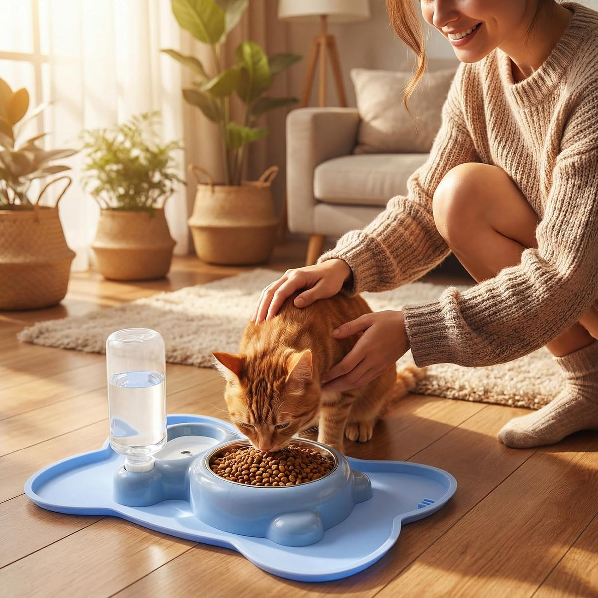 Blue Dog Cat Food and Water Bowl Set with Non-Slip Silicone Mat