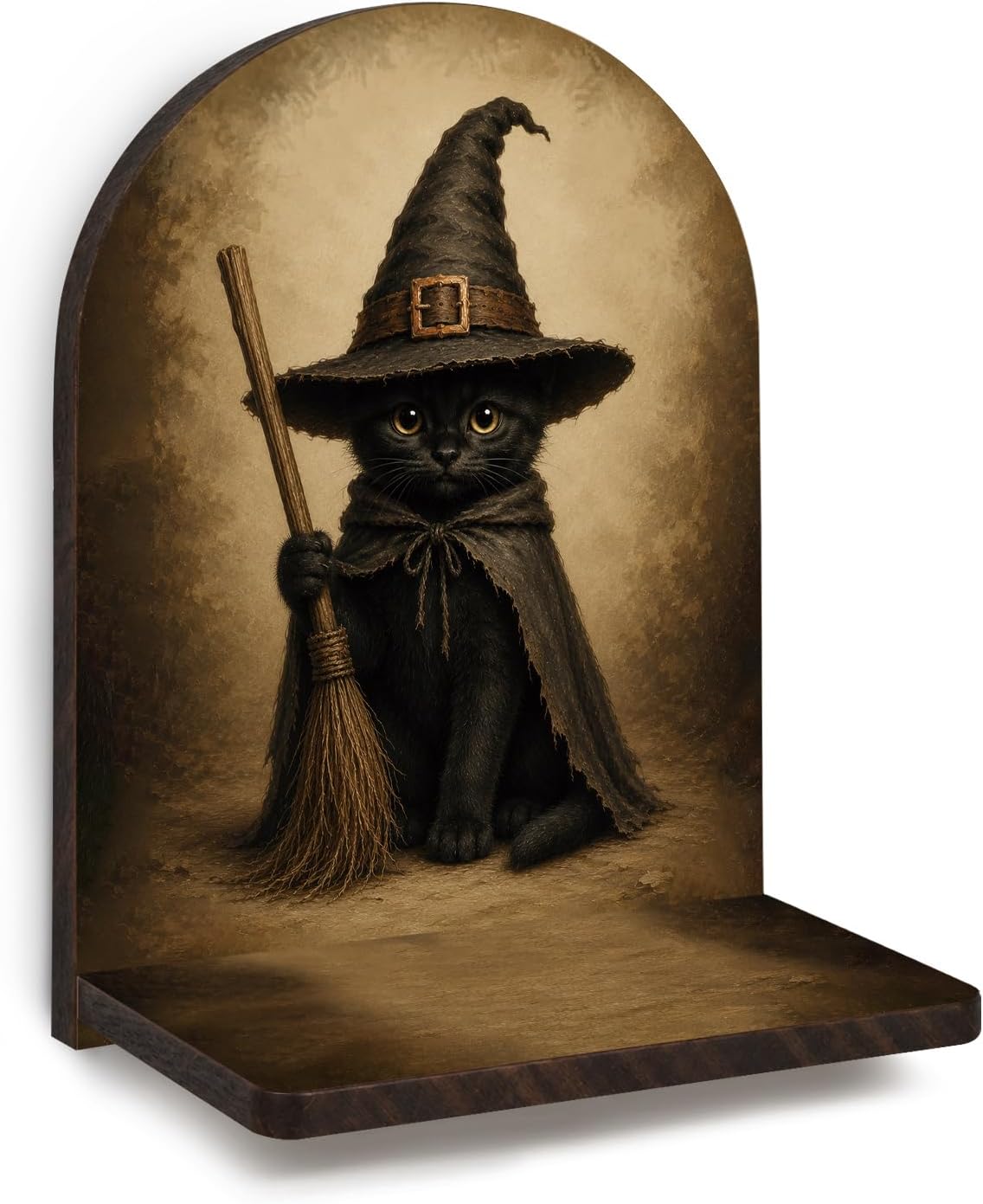 Halloween Witchy Cat Arched Wooden Wall Shelf Decor, 9.45x7.09In