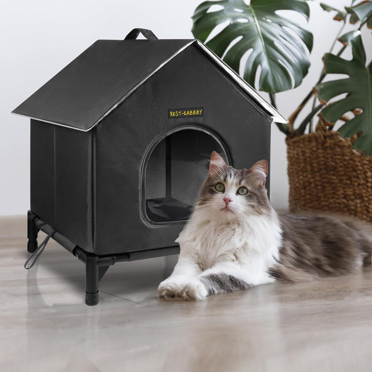 Rest-Eazzzy Cat House for Indoor and Outdoor Cats in Winter, Waterproof, Fully Insulated Shelter for Stray and Feral Cats, Great for Cat Houses for Outdoor and Cat Beds for Indoor Cats(Black, Medium)