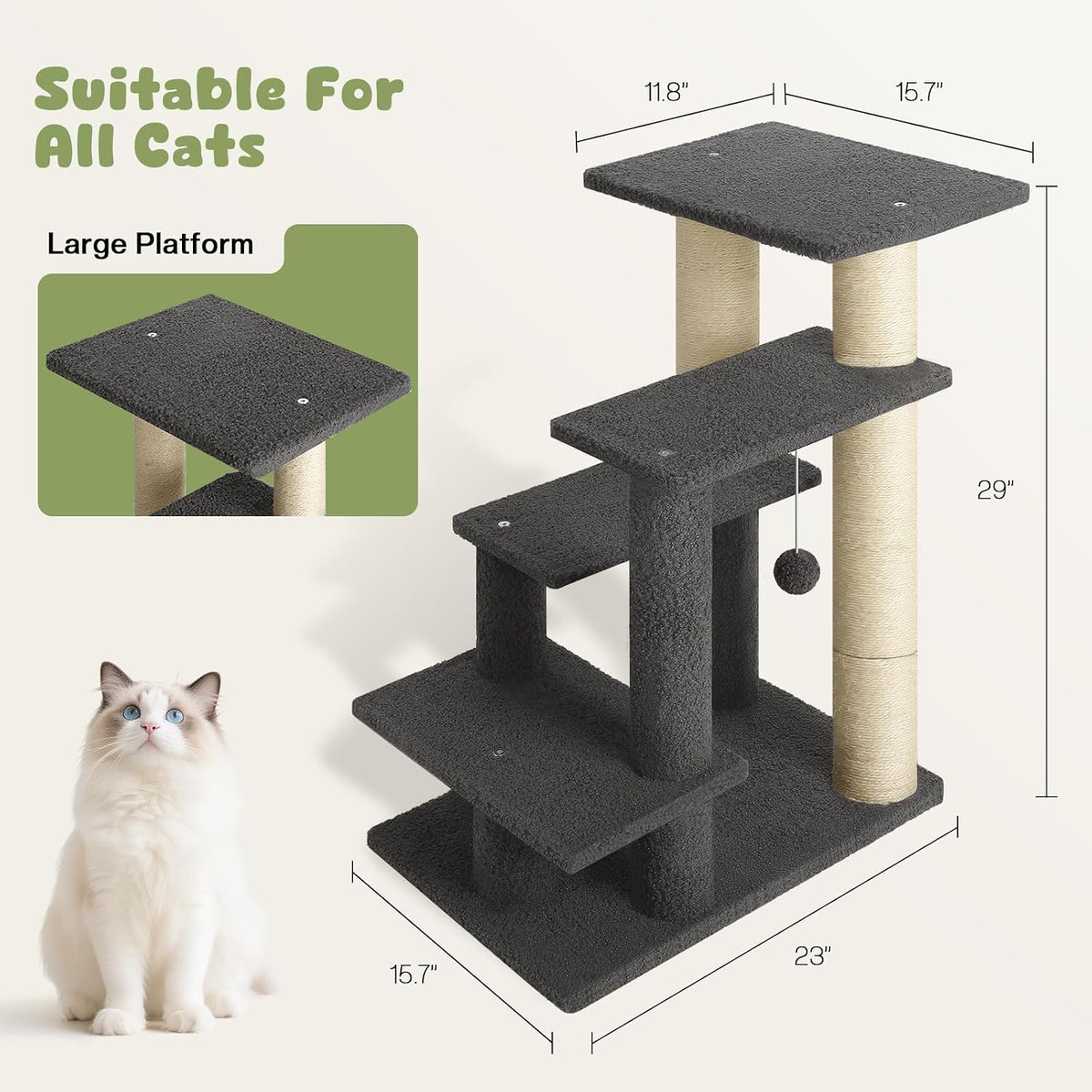 4-Step Pet Steps for Cats/Dogs, Cat Stairs with Sisal Scratching Post, Cat Steps for Older Cats with Enlarge Perch, Pet Stairs for High Bed and Couch, Gray