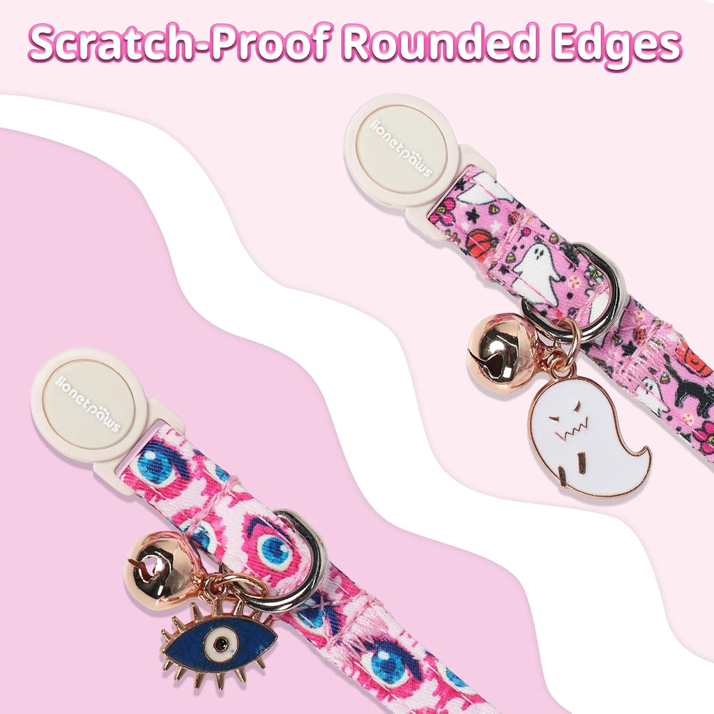 LIONET PAWS 2 Pack Breakaway Cat Collars, Cute Soft Cotton Halloween Pink Ghost Pumpkin & Evil Eye Kitten Collars with Bell & Charm for Boy Girl Cats