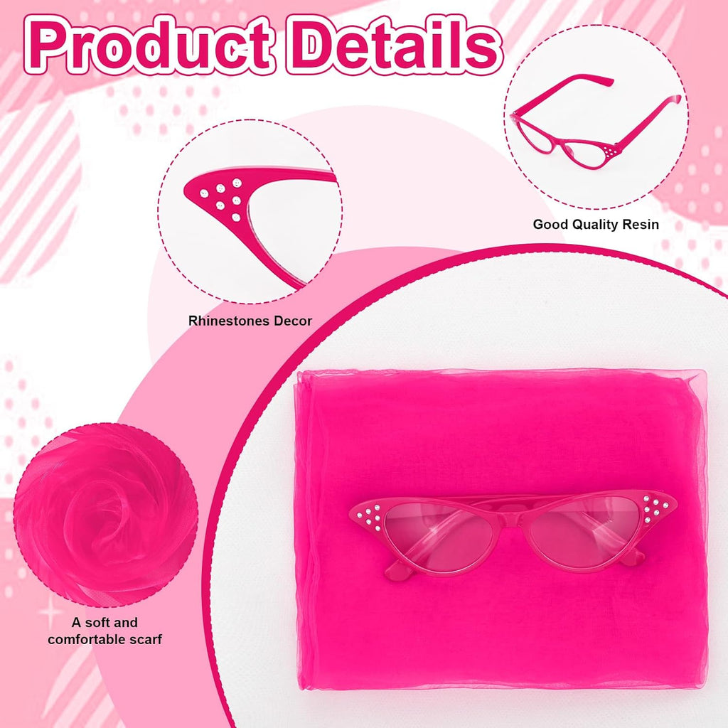 50s Set 50's Costume Accessories Chiffon Scarf Cat Eye Glasses Bandana Tie Headband Earrings for Cosplay Party