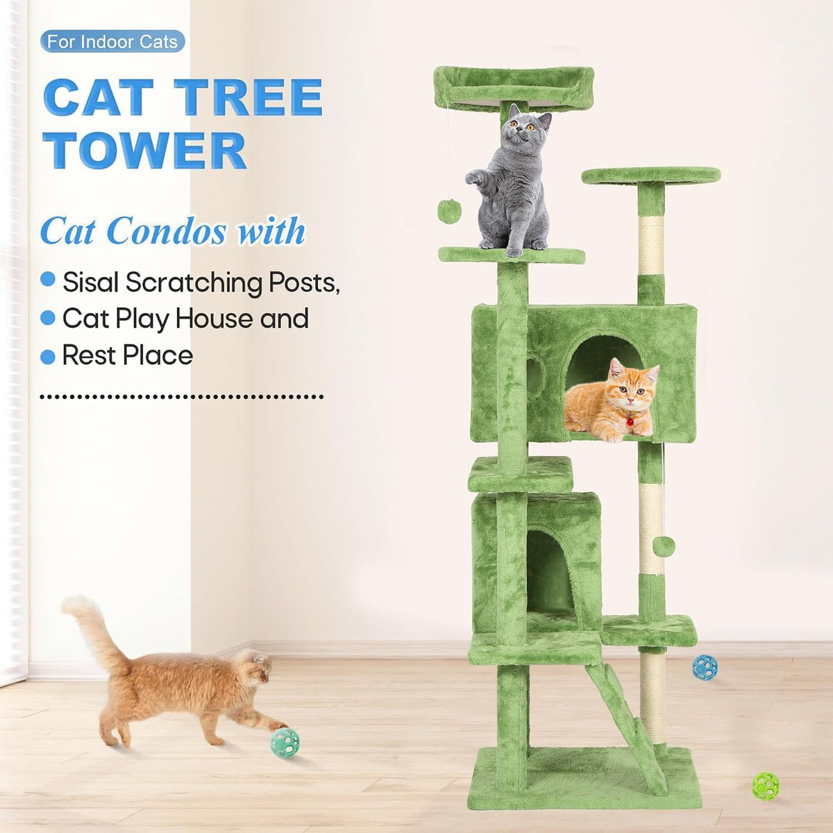 FDW | 70" Cat Tree Tower | Green | Multi-Level Indoor Activity Center