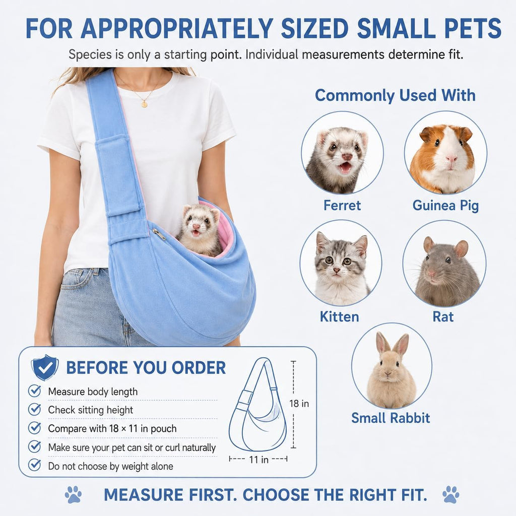 Ferret Sling Carrier, Soft Fleece Small Pet Carrier Bag with Adjustable Shoulder Strap, Hands-Free Bonding Travel Pouch for Guinea Pigs, Kittens, Puppies & Small Rabbits Under 10 lbs, Blue