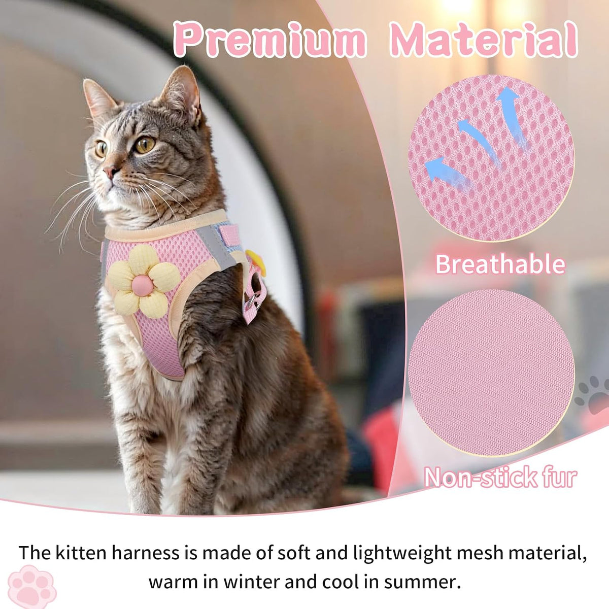 Cat Harness and Leash Set, Escape Proof Soft Vest Walk Pink M