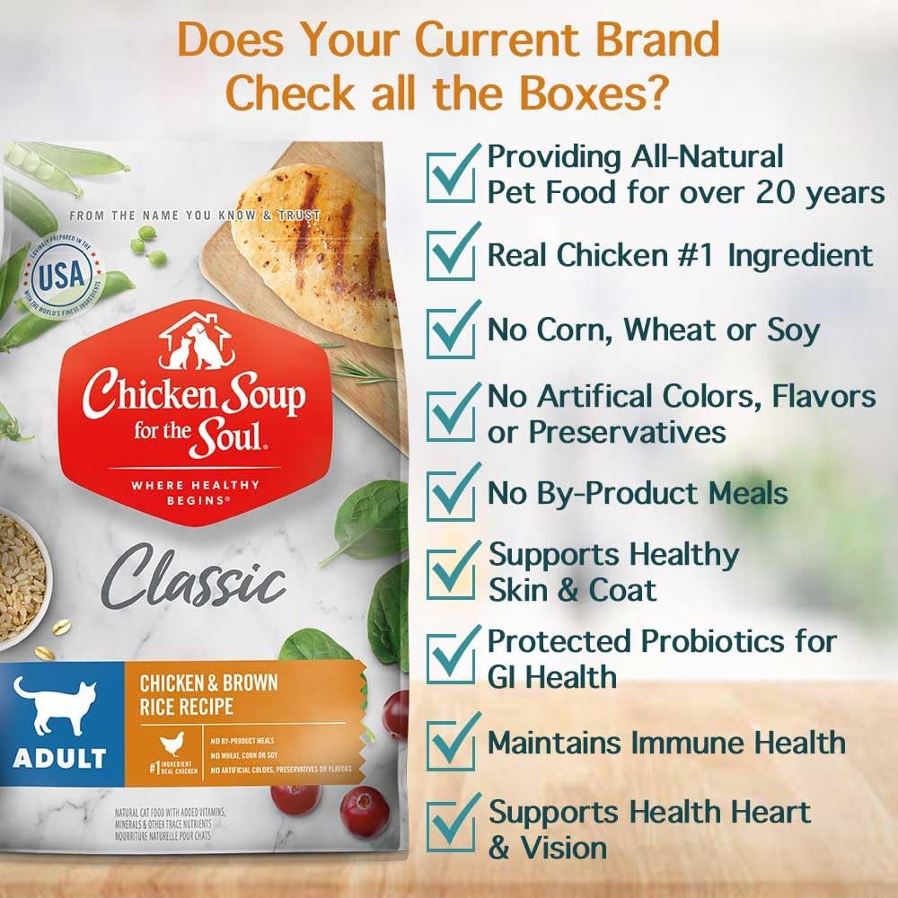 Chicken Soup for the Soul All Natural Premium Adult Dry Cat Food, Real Meat First Ingredient, No By-Products, Supports Heart, Gut & Immune Health, Chicken & Brown Rice, 4.5lb (Pack of 2)