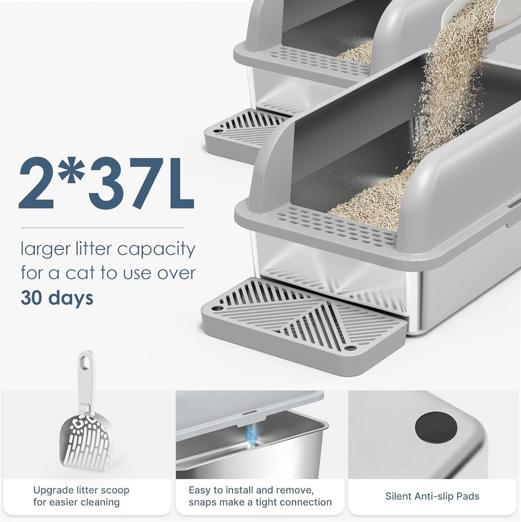Suzzipaws 2 Pack XL Enclosed Stainless Steel Cat Litter Box for Multi-Cats | High-Side Anti-Leakage Stainless Steel Litter Box, Non-Sticky, Easy-Clean, Less Tracking for Big Cats & Multi-Cat Homes