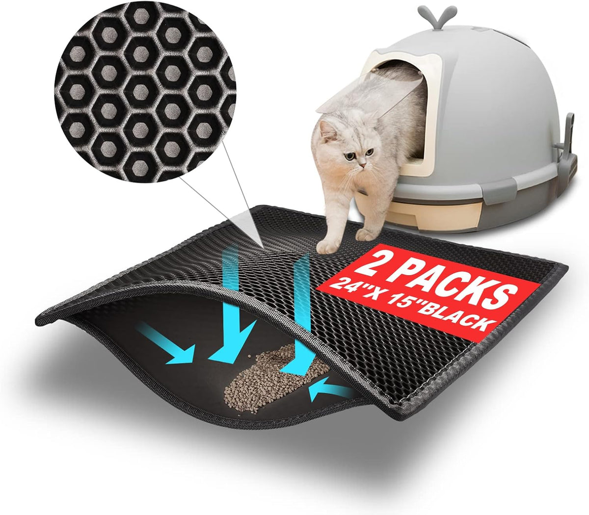 Pieviev 2 Packs Cat Litter Mat Double Layer Waterproof Urine Proof Trapping Mat (24"X15", Black) | Waterproof Urine Resistant Layer Litter Box Mat, Easy Collection, Soft on Kitty Paws, Black Color for Indoor Cats