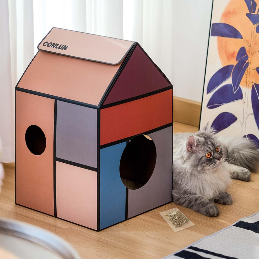 Conlun 2-in-1 Cat House Cardboard Scratching Pad Indoor Cave <13 lbs