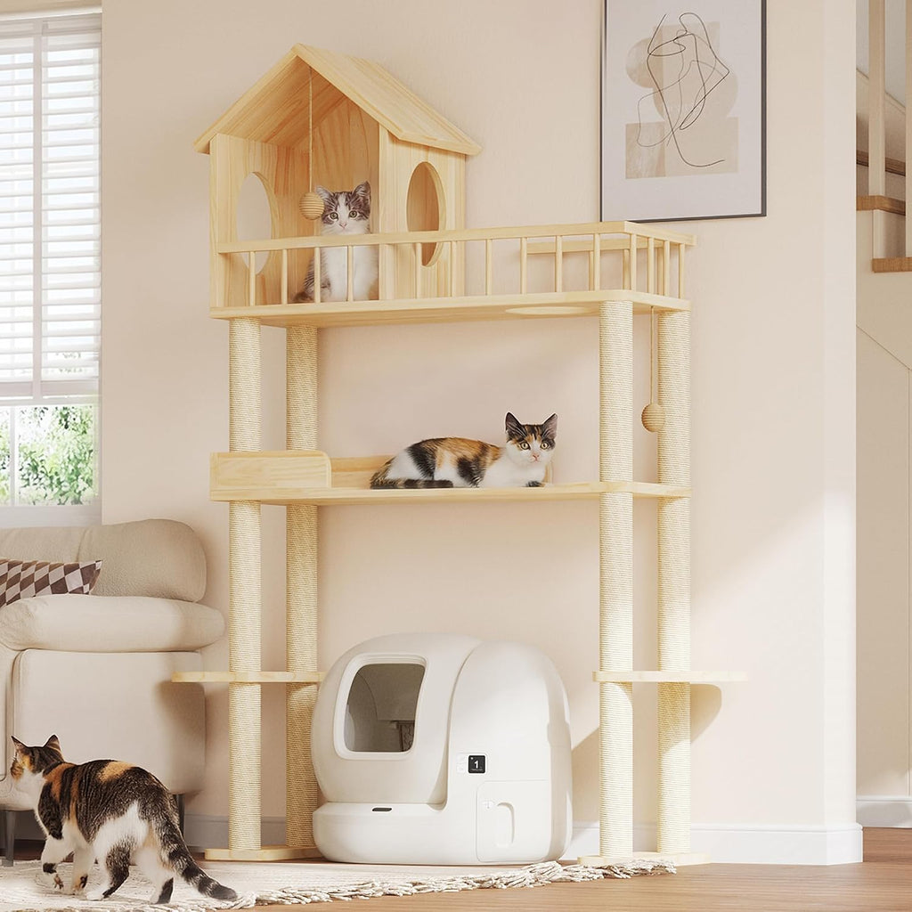 Wood Cat Tower for Automatic Litter Box, 60''H Cat Tree, 4 Tier