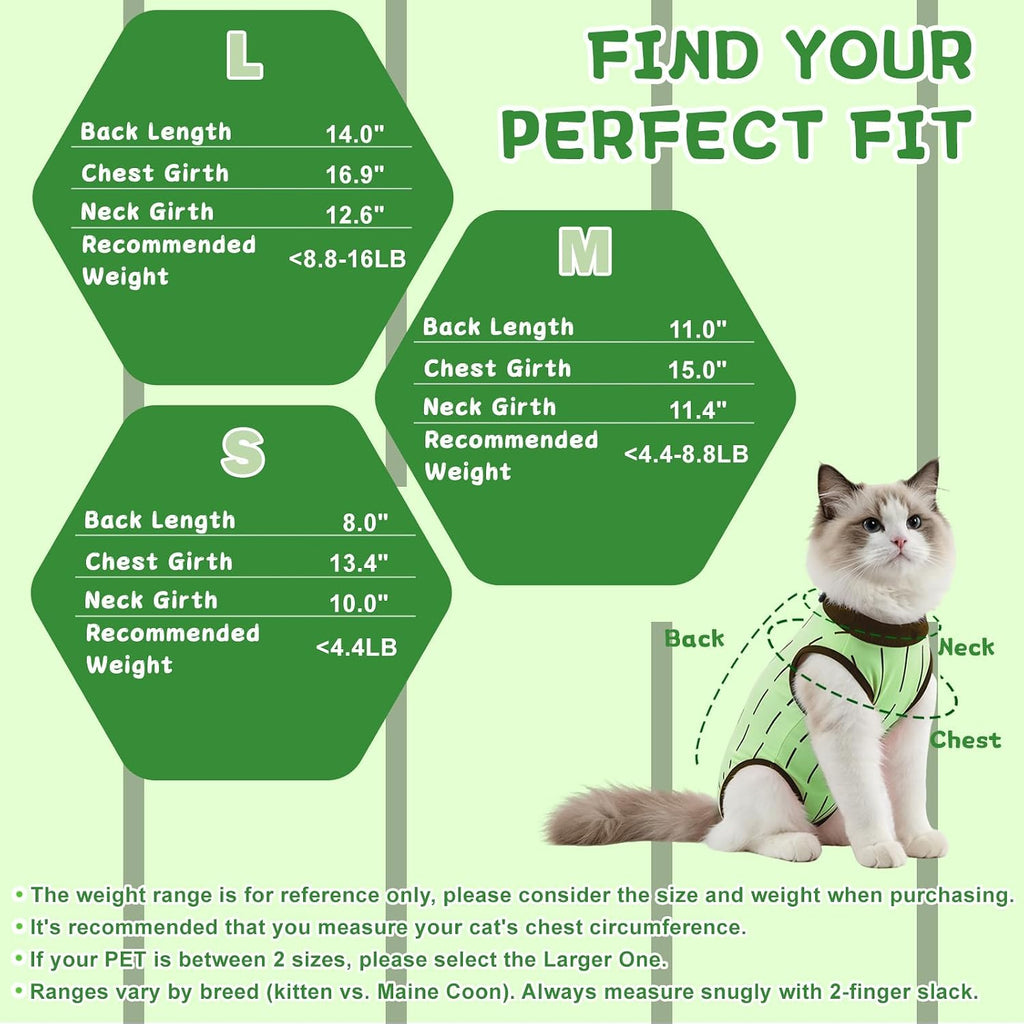 Cat Recovery Suit Female, Kittens Onesie for Cats After Surgery, Green, S