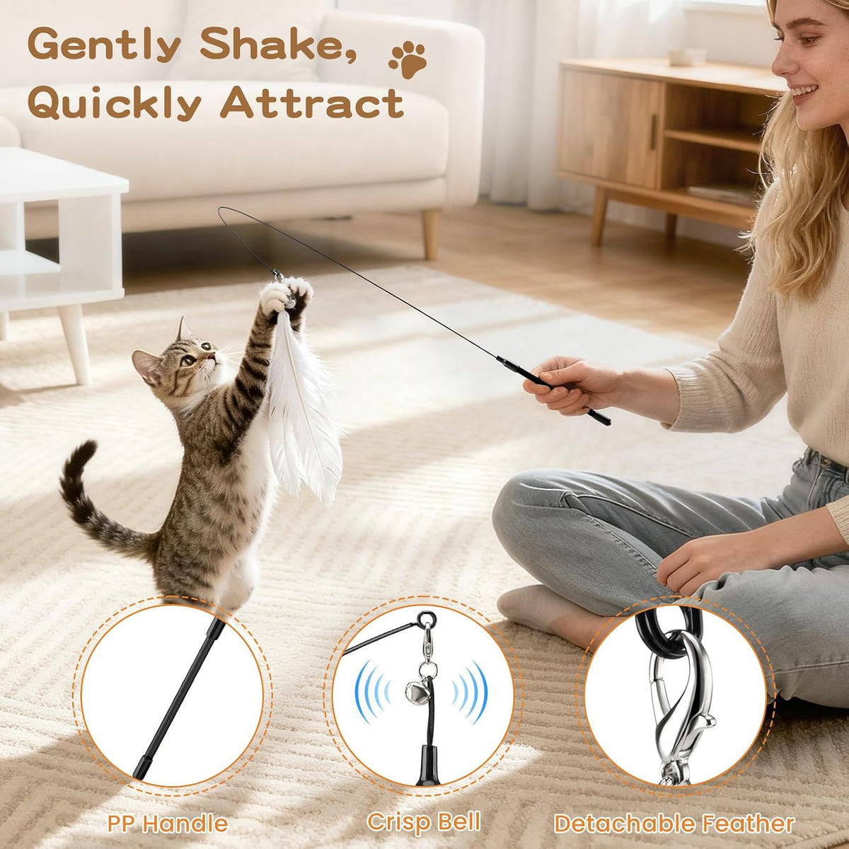 Pawaboo 6Pcs Cat Feather Wand Toy Set for Indoor Cats Self Play & Exercise
