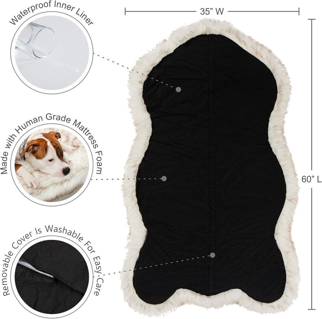 Faux Fur Orthopedic Dog Bed, Memory Foam, White w/Brown Tips 60"x35"