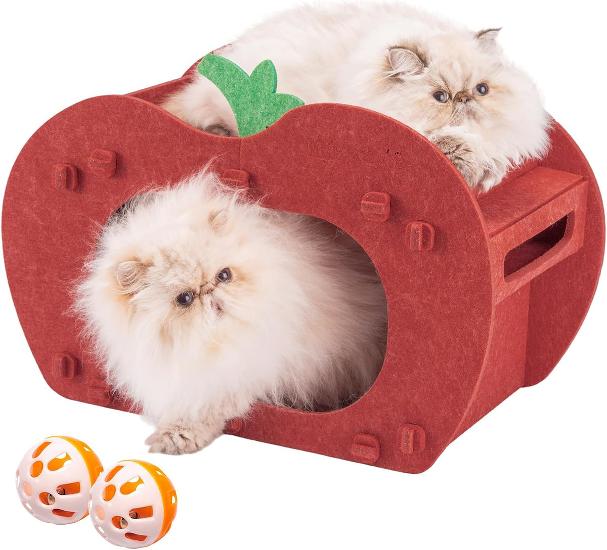 Cat Cave Bed for Indoor Cats, Red Apple Cat Hideaway House, with Perch&Toys