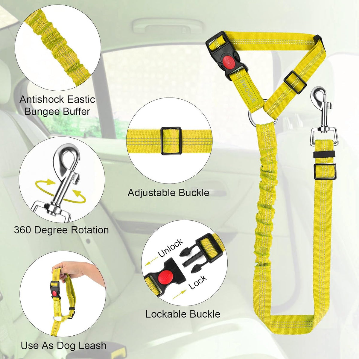 BWOGUE Dog Seat Belt for Car, Headrest Restraint Bungee Lead, Yellow
