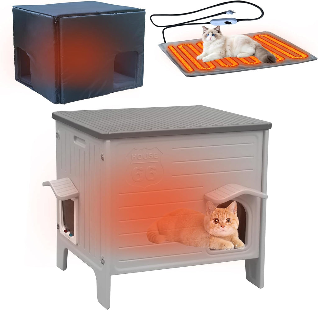 Deblue Heated Cat House for Outside with Insulated Foam for Outdoor Cats,Plastic Weatherproof Insulated cat House, Cat Shelter for Feral Cats